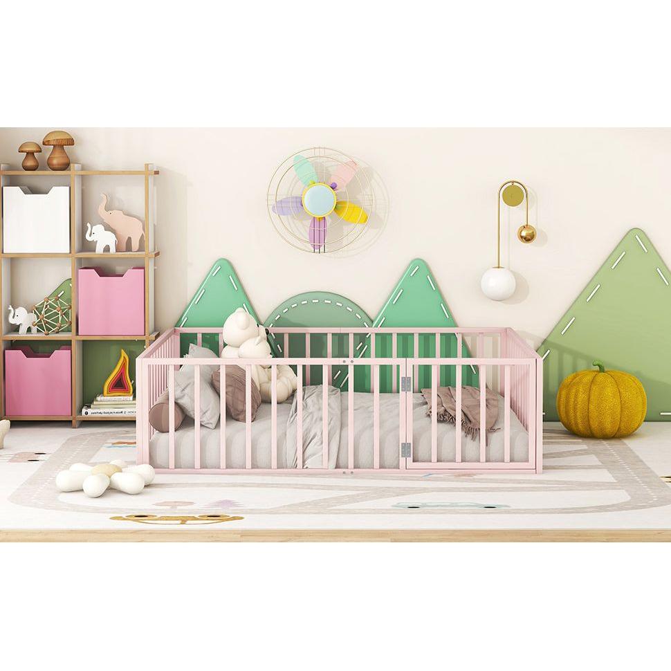 Full Size Metal Floor Bed Frame with Fence and Door, Pink