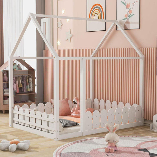 Slats are not included) Full Size Wood Bed House Bed Frame with Fence, for Kids, Teens, Girls, Boys (White) - Streamdale Furniture