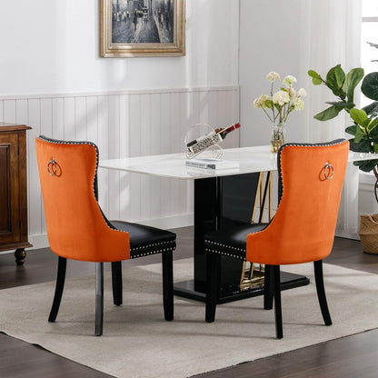 Nikki Collection Modern, High-end Tufted Solid Wood Contemporary PU and Velvet Upholstered Dining Chair with Wood Legs Nailhead Trim 2-Pcs Setlack+Orange