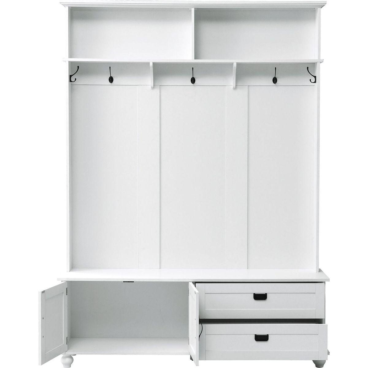 Modern Style Hall Tree with Storage Cabinet and 2 Large Drawers, Widen Mudroom Bench with 5 Coat Hooks, White