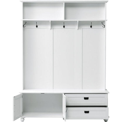 Modern Style Hall Tree with Storage Cabinet and 2 Large Drawers, Widen Mudroom Bench with 5 Coat Hooks, White