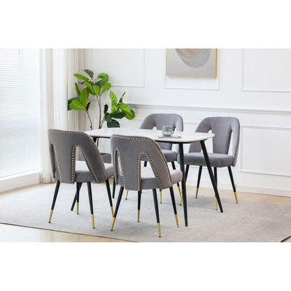 Akoya Collection Modern Contemporary Velvet Upholstered Dining Chair with Nailheads and Gold Tipped Black Metal Legs, Gray, Set of 2