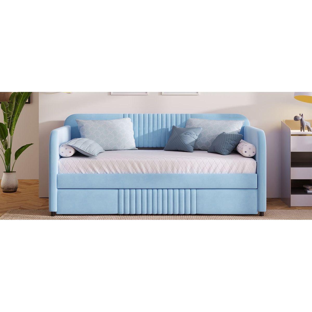 Upholstered Daybed Sofa Bed Twin Size With Trundle Bed and Wood Slat, Light Blue