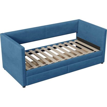 Twin Size Corduroy Daybed with Two Drawers and Wood Slat, Blue
