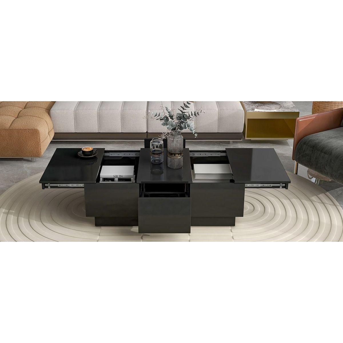Multifunctional Coffee Table with 2 large Hidden Storage Compartment, Extendable Cocktail Table with 2 Drawers, High-gloss Center Table with Sliding Top for Living Room, 39.3"x21.6", Black