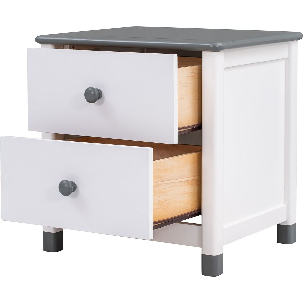 Wooden Nightstand with Two Drawers for Kids, End Table for Bedroom, White+Gray