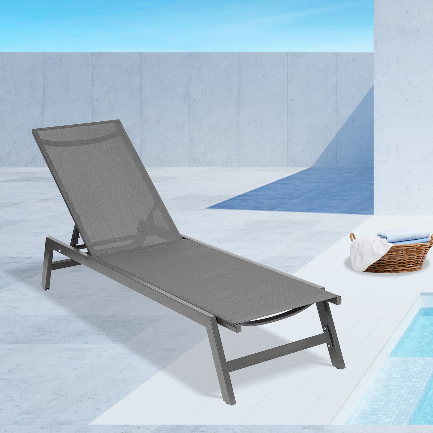 Outdoor Chaise Lounge Chair, Five-Position Adjustable Aluminum Recliner, All Weather For Patio, Beach, Yard, Pool (Grey Frame/Dark Grey Fabric)