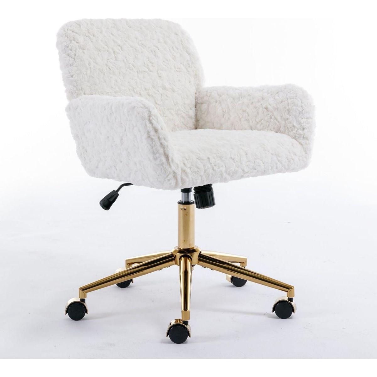 Office Chair, Artificial rabbit hair Home Office Chair with Golden Metal Base, Adjustable Desk Chair Swivel Office Chair, Vanity Chair (Beige)