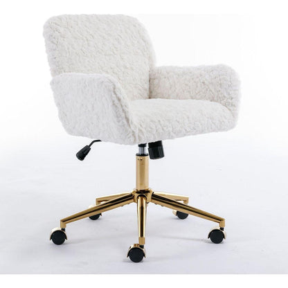 Office Chair, Artificial rabbit hair Home Office Chair with Golden Metal Base, Adjustable Desk Chair Swivel Office Chair, Vanity Chair (Beige)