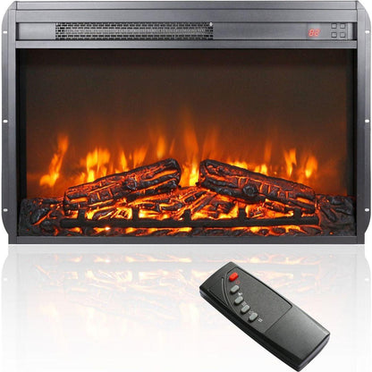 26 inch electric fireplace insert, ultra thin heater with log set & realistic flame, remote control with timer, overheating protection - Streamdale Furniture