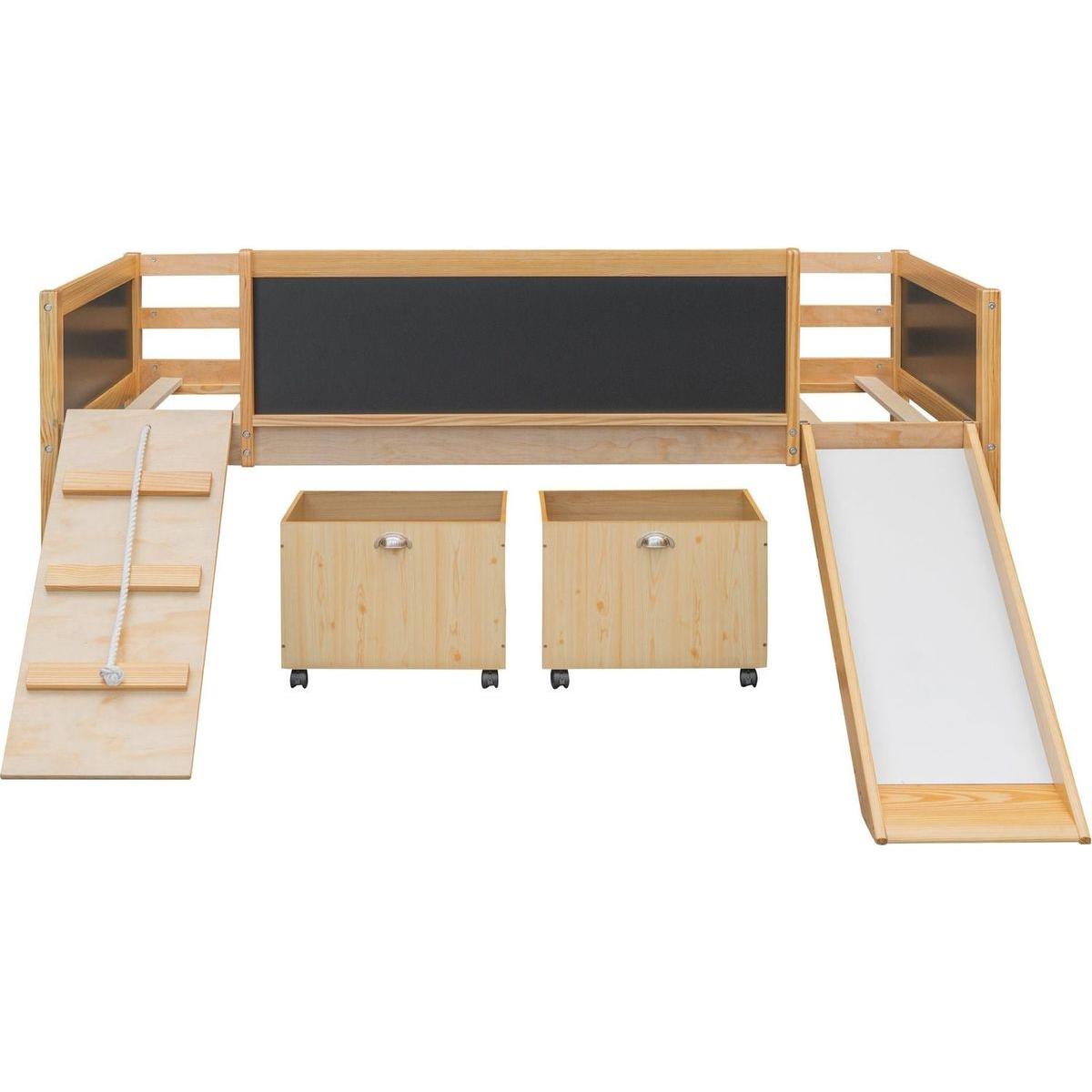 Twin size Loft Bed Wood Bed with Two Storage Boxes - Natrual ()