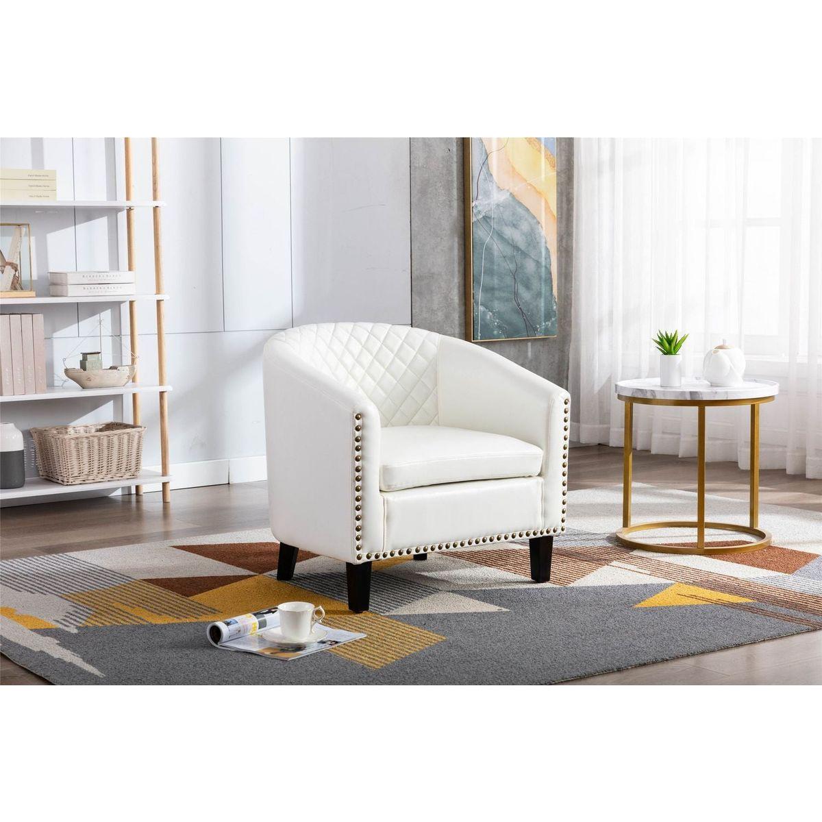 accent Barrel chair living room chair with nailheads and solid wood legs white pu leather