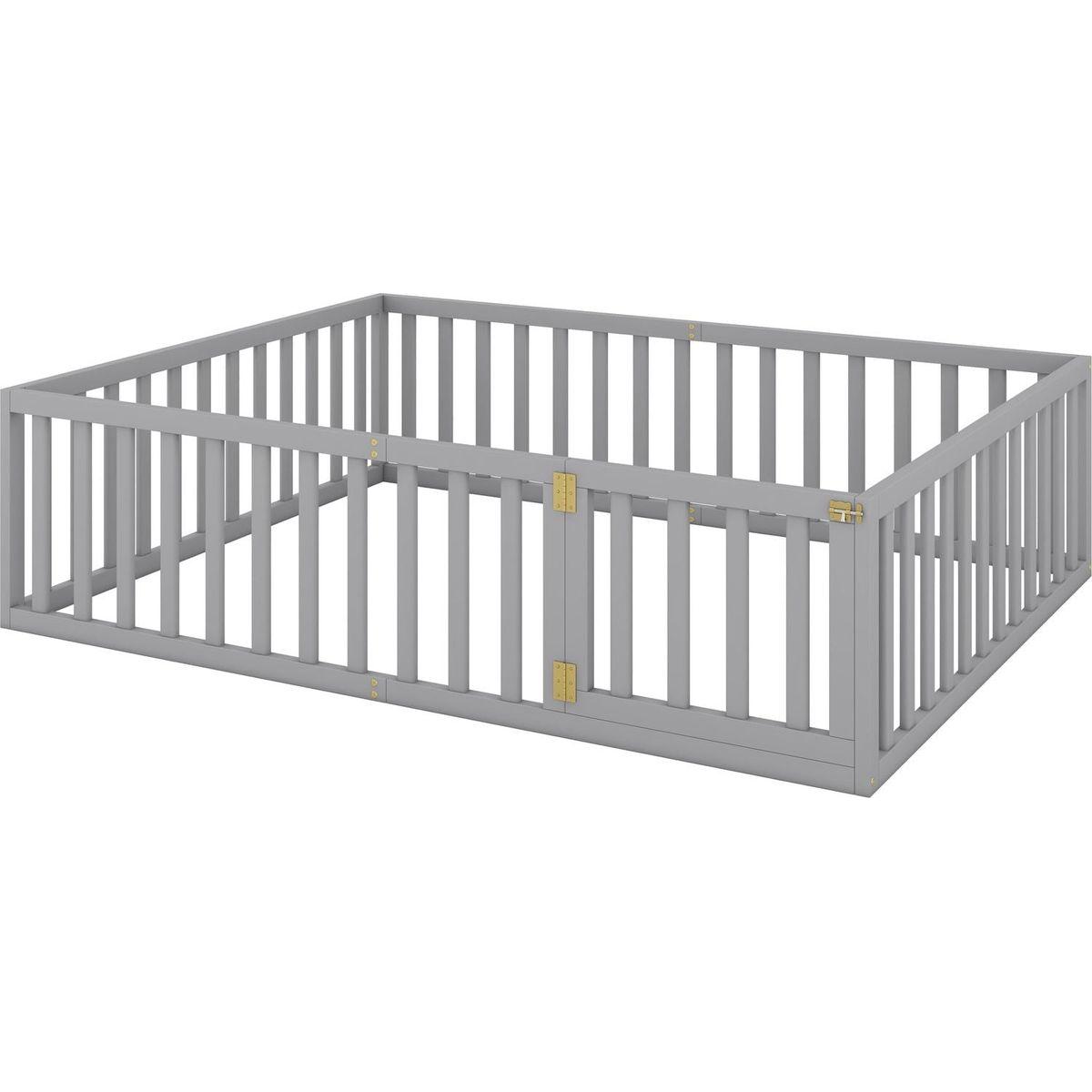 Queen Size Wood Floor Bed Frame with Fence and Door, Gray