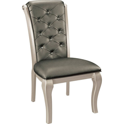 Crystal Button-Tufted Side Chairs 2pc Set Silver Finish Wood Frame Gray Faux Leather Upholstered Dining Furniture