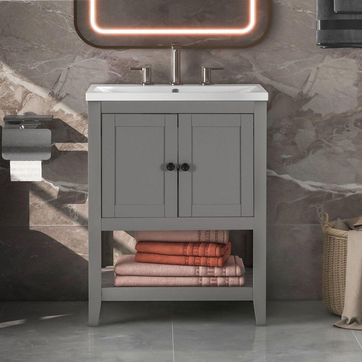 24" Grey Modern Sleek Bathroom Vanity Elegant Ceramic Sink with Solid Wood Frame Open Style Shelf