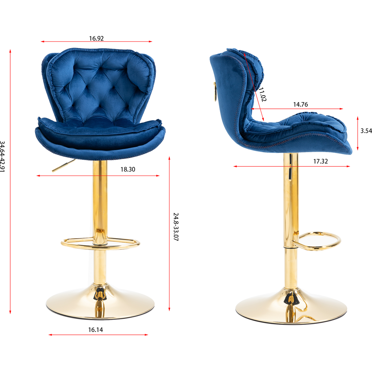 Set of 2 Bar Stools, with Chrome Footrest and Base Swivel Height Adjustable Mechanical Lifting Velvet + Golden Leg Simple Bar - Streamdale Furniture