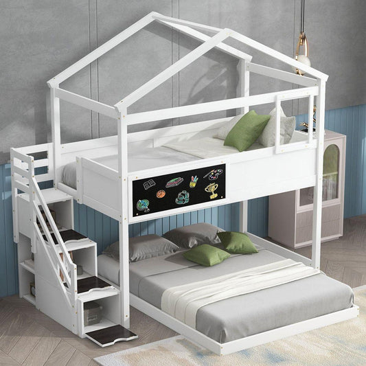 Twin over Full House Bunk Bed with Storage Staircase and Blackboard,White