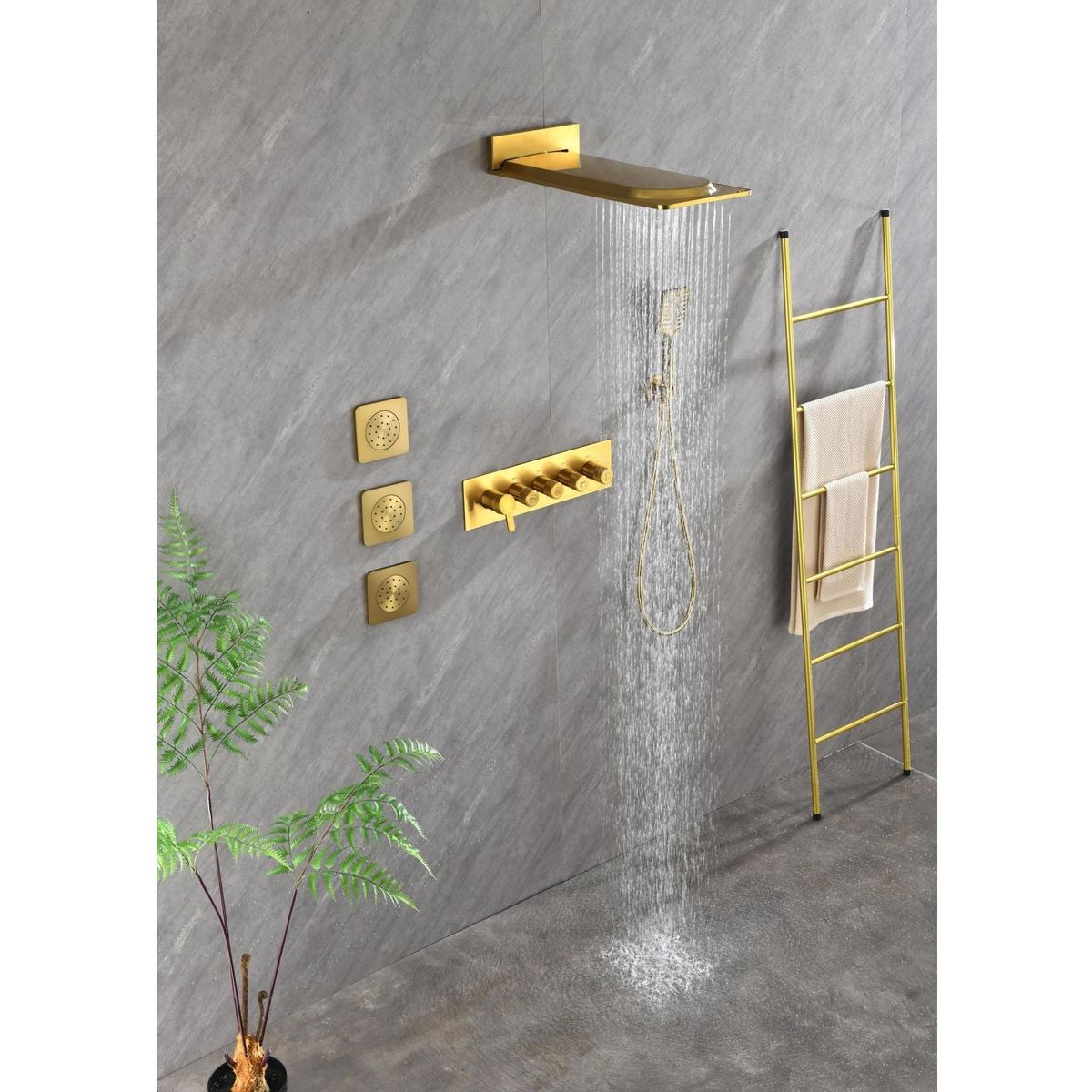 Wall Mounted Waterfall Rain Shower System With 3 Body Sprays & Handheld Shower