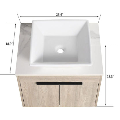 24" Modern Design Float Bathroom Vanity With Ceramic Basin Set, Wall Mounted White Oak Vanity With Soft Close Door, KD-PackingD-Packing Pieces