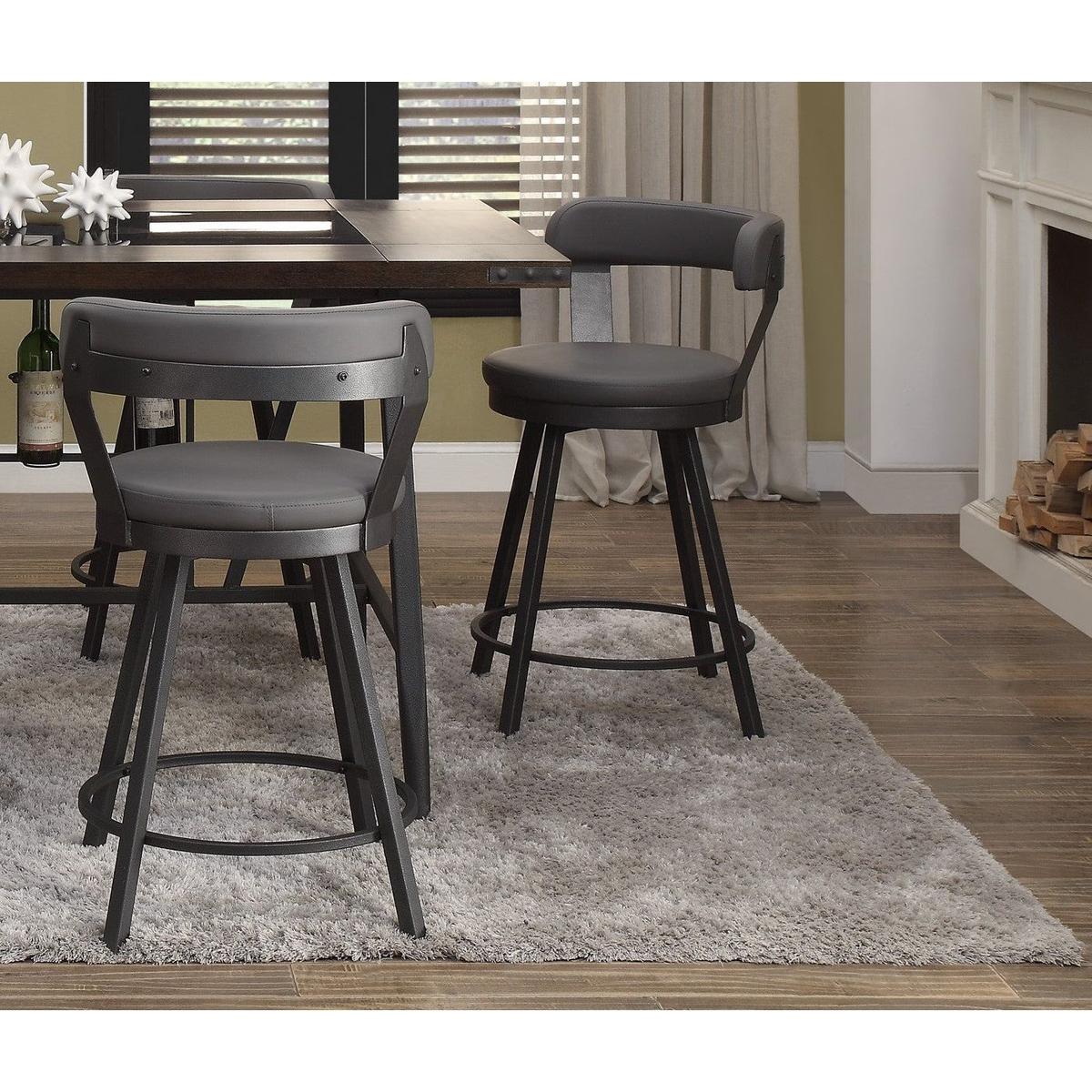 Metal Base 24-inch Counter Height Chairs Set of 2pc Gray Seat 360-degree Swivel Faux Leather Upholstered Dining Room Furniture