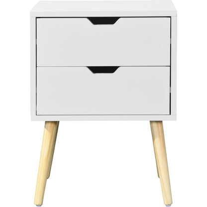 Side Table with 2 Drawer and Rubber Wood Legs, Mid-Century Modern Storage Cabinet for Bedroom Living Room Furniture, White