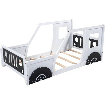 Twin Size Classic Car-Shaped Platform Bed with Wheels, White - Streamdale Furniture