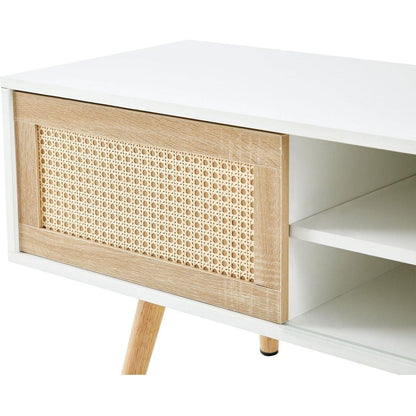 55.12" Rattan TV cabinet, double sliding doors for storage, adjustable shelf, solid wood legs, TV console for living room, White