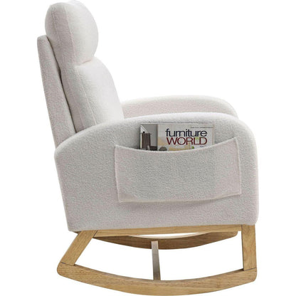 27.6"W Modern Accent High Backrest Living Room Lounge Arm Rocking Chair, Two Side Pocket, Teddy White (Ivory)