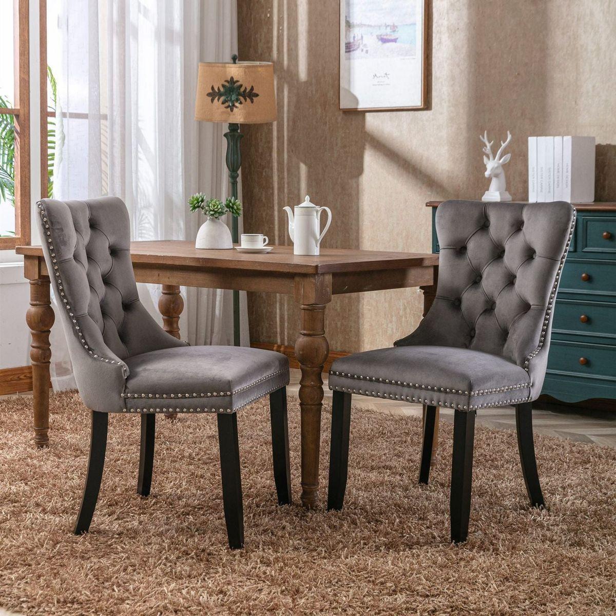 Nikki Collection Modern, High-end Tufted Solid Wood Contemporary Velvet Upholstered Dining Chair with Wood Legs Nailhead Trim 2-Pcs Set, Gray