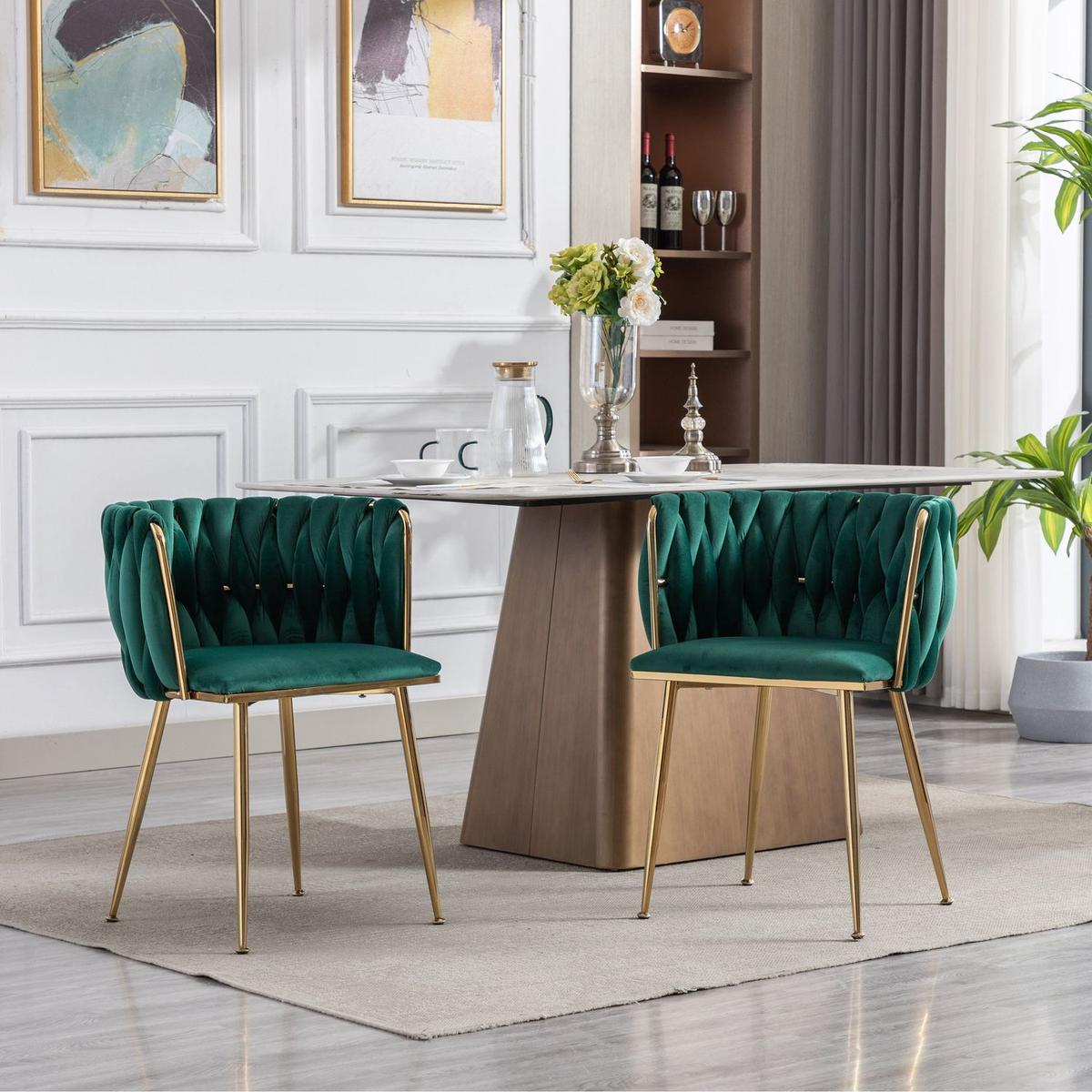 Dining Chair, Thickened fabric chairs with wood legs Set of 2, Green