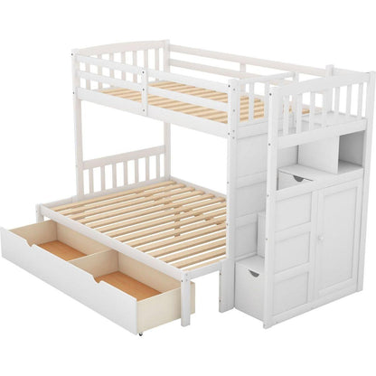 Twin over Full/Twin Bunk Bed, Convertible Bottom Bed, Storage Shelves and Drawers, White