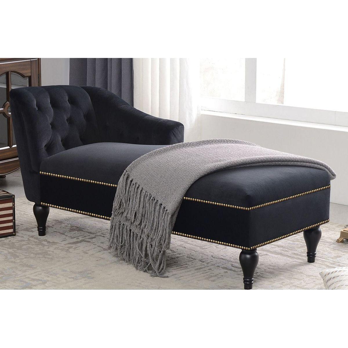 58" Velvet Chaise Lounge, Button Tufted Right Arm Facing Lounge Chair with Nailhead Trim & Solid Wood Legs for Living Room or Office, Sleeper Lounge Sofa (Black)