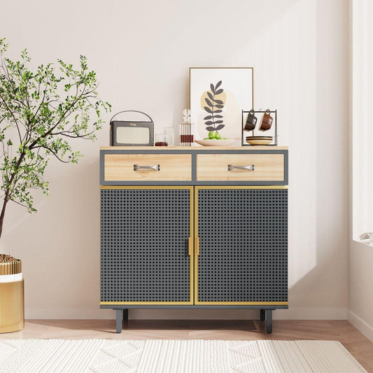 31.5" Wide 2 Drawer Sideboard, Modern Furniture Decor, Made with Iron + Carbonized Bamboo, Easy Assembly