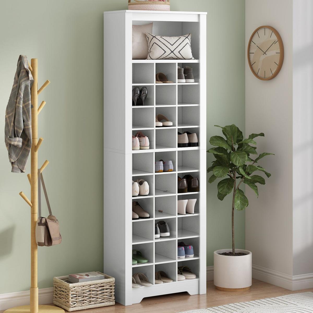 Stylish Design 30 Shoe Cubby Console, Contemporary Shoe Cabinet with Multiple Storage Capacity, Free Standing Tall Cabinet with Versatile Use for Hallway, Bedroom, White