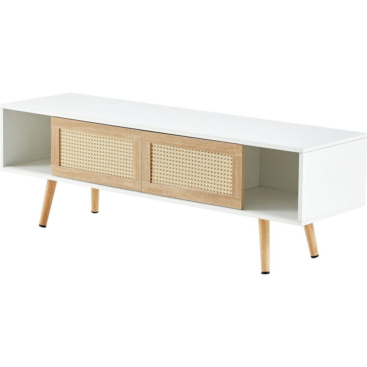 55.12" Rattan TV cabinet, double sliding doors for storage, adjustable shelf, solid wood legs, TV console for living room, White