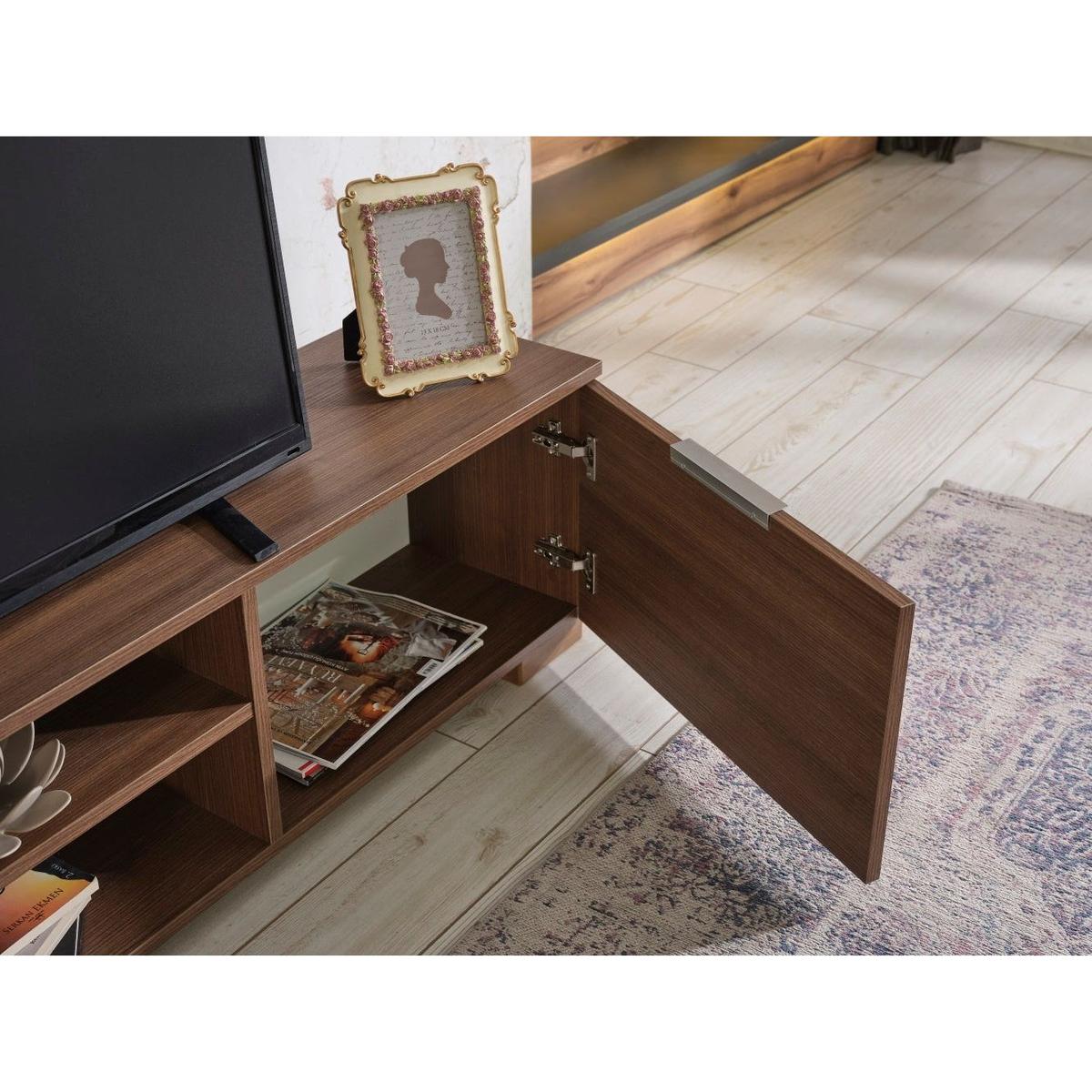 Store April Mid Century Modern Tv Stand 2 Door Cabinets 2 Shelves White 66 inch Tv Unit, Walnut