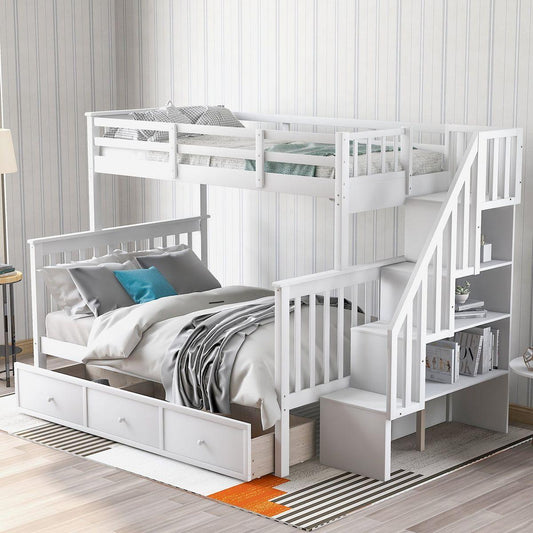 Stairway Twin-Over-Full Bunk Bed with Drawer, Storage and Guard Rail for Bedroom, Dorm, for Adults, White color - Streamdale Furniture