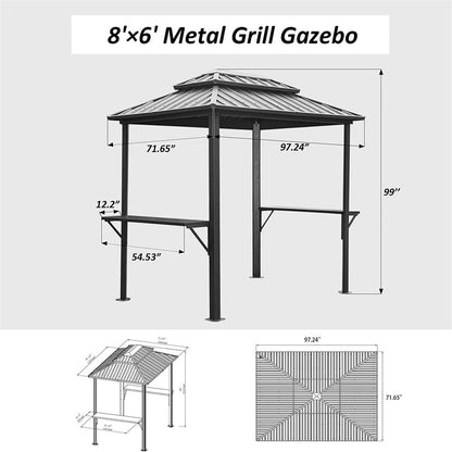 Grill Gazebo 8' x 6', Aluminum BBQ Gazebo Outdoor Metal Frame with Shelves Serving Tables, Permanent Double Roof Hard top Gazebos for Patio Lawn Deck Backyard and Garden (Grey)