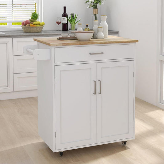 Kitchen island rolling trolley cart with towel rack rubber wood table top - Streamdale Furniture