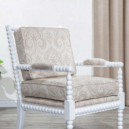 Spindle Chair, White Finish, Taupe Paisley Fabric