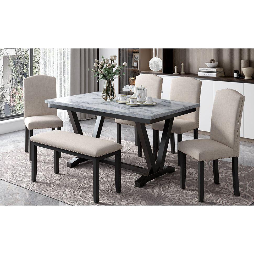 Modern Style 6-piece Dining Table with 4 Chairs & 1 Bench, Table with Marbled Veneers Tabletop and V-shaped Table Legs (White)