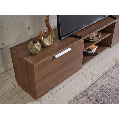 Store April Mid Century Modern Tv Stand 2 Door Cabinets 2 Shelves White 66 inch Tv Unit, Walnut