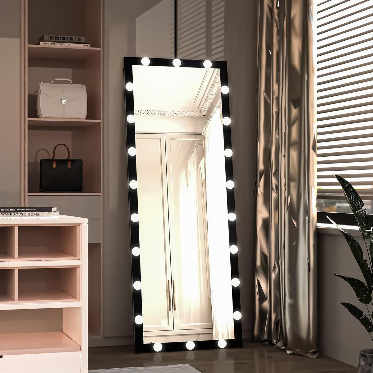 Hollywood Full Length Mirror with Lights Full Body Vanity Mirror with 3 Color Modes Lighted Standing Floor Mirror for Dressing Room Bedroom Wall Mounted Touch Control Black 63x24inch - Streamdale Furniture