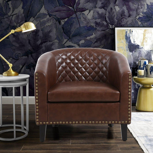 accent Barrel chair living room chair with nailheads and solid wood legs Brown pu leather