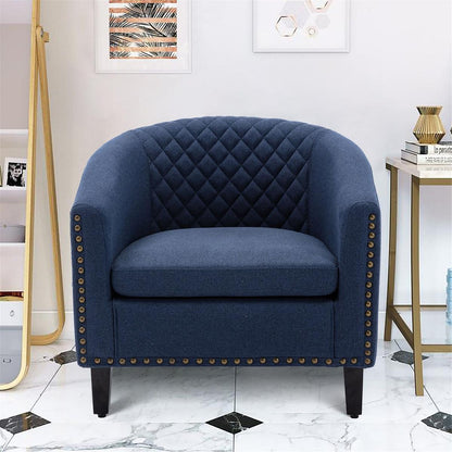 accent Barrel chair living room chair with nailheads and solid wood legs Black Navy Linen