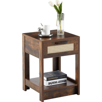 15.75" Rattan End table with drawer, Modern nightstand, side table for living roon, bedroom, Rustic Brown