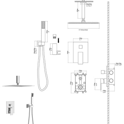 Ceiling shower set - 10 inch square shower set, Dual Shower Heads, Chrome