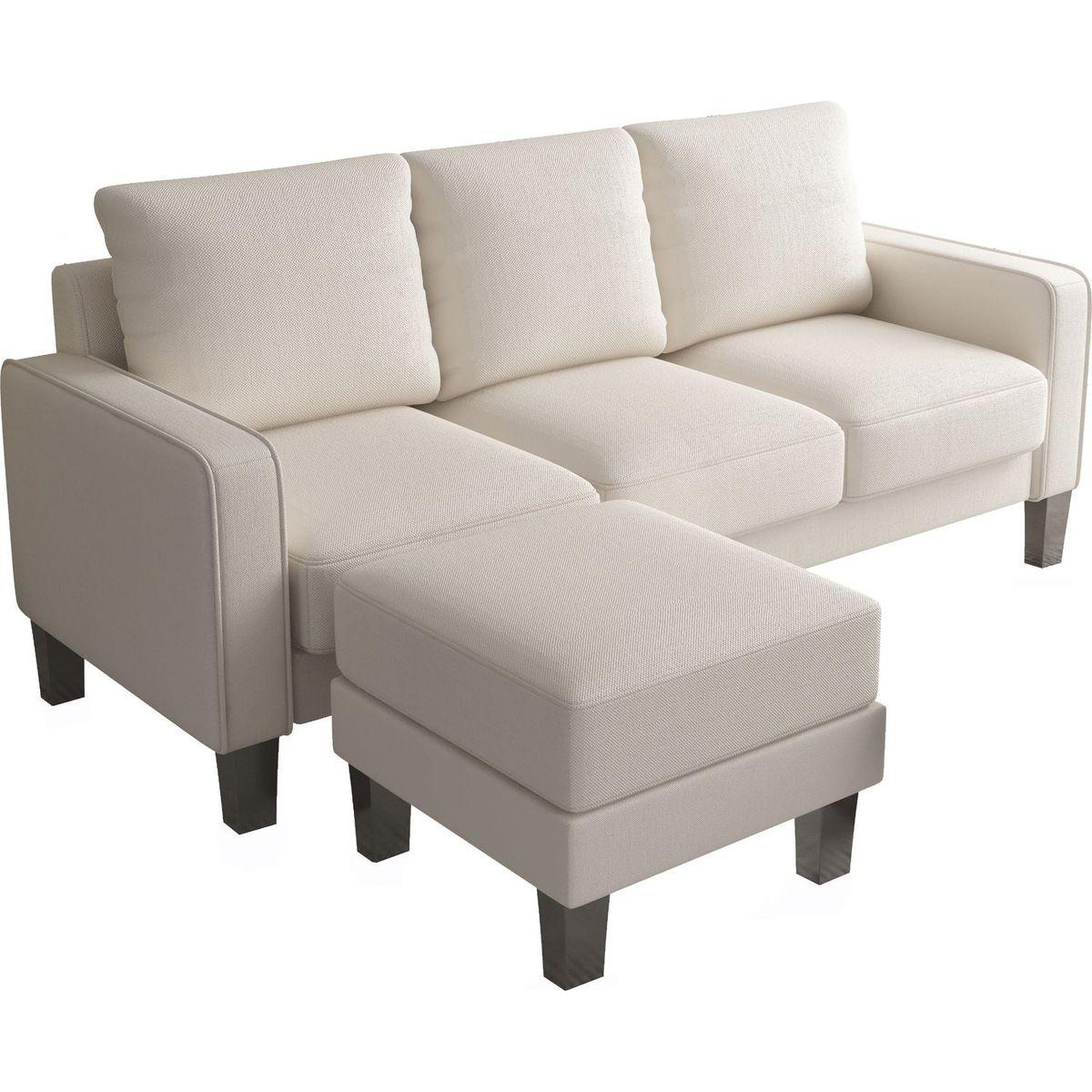 Modern Living Room Furniture L Shape Sofa with Ottoman in Beige Fabric