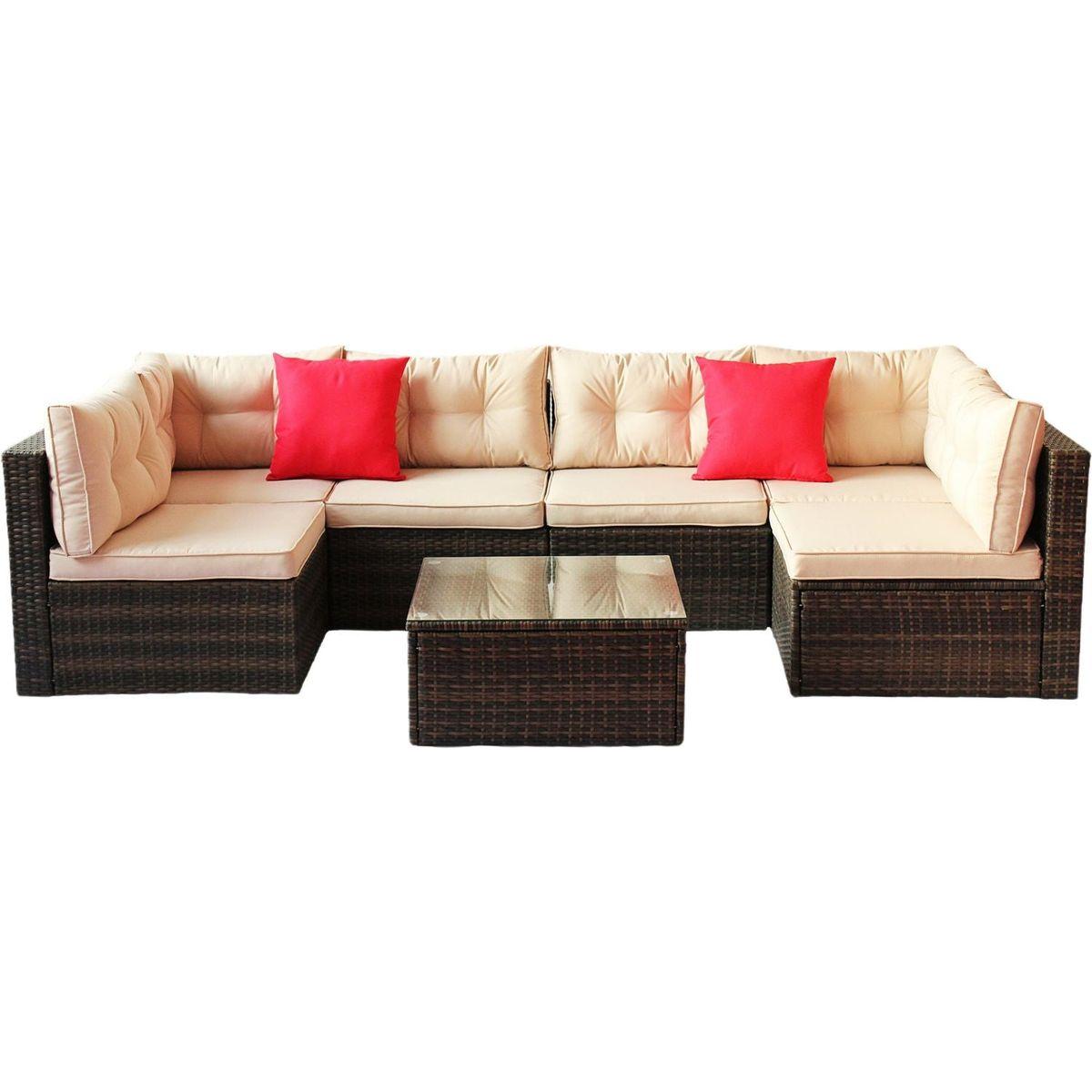 Patio Furniture Set PE Rattan Sectional Garden Furniture Corner Sofa Set (7 Pieces, Shallow brownCushion)