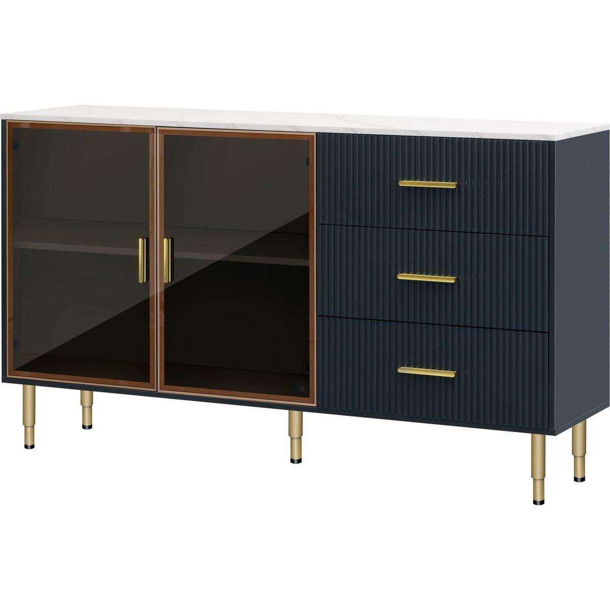 Modern Sideboard MDF Buffet Cabinet Marble Sticker Tabletop and Amber-yellow Tempered Glass Doors with Gold Metal Legs & Handles (Navy Blue)